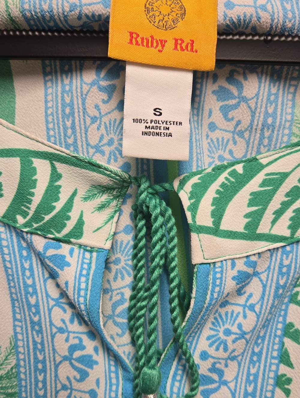 Ruby Rd. Teal Palm-Print Tassel Front Blouse - Picture 2 of 4